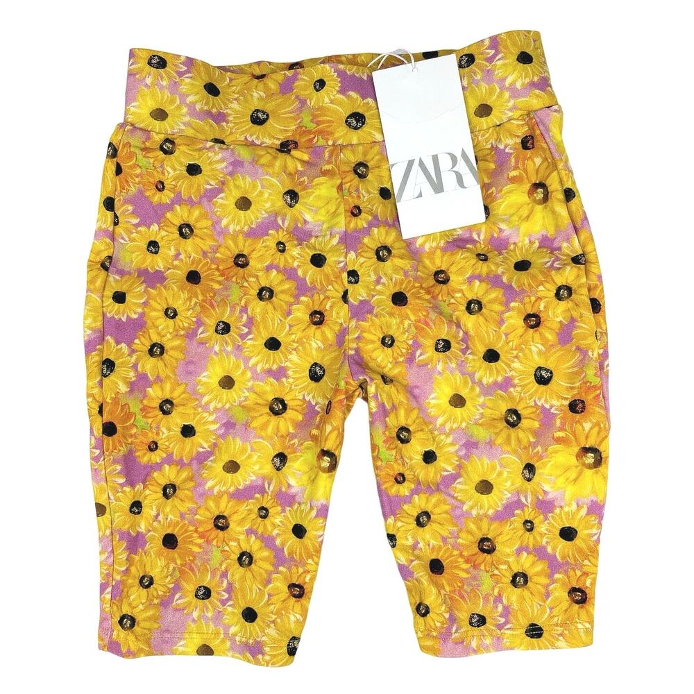 Zara NWT Pink Yellow Sunflower Floral Yoga Stretch Athletic Yoga Biker Shorts S